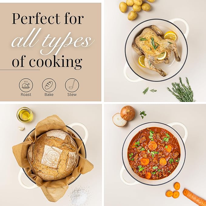 Cast Iron Pot with Lid ??Non-Stick Ovenproof Enamelled Casserole Pot, Oven Safe up to 500째 F ??Sturdy Dutch Oven Cookware ??Cream, 5-Quart, 24cm ??by Nuovva