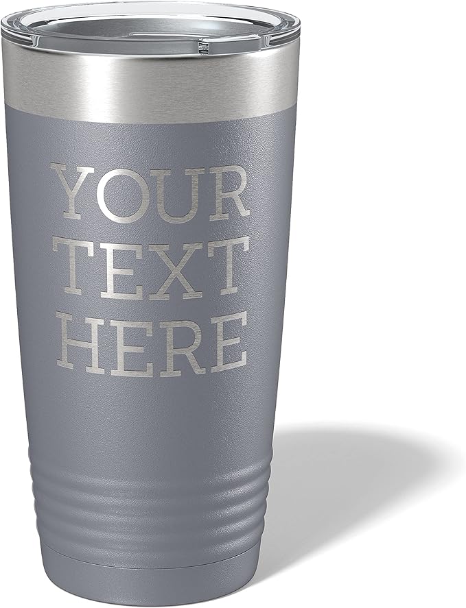 Personalized 20oz (17 Colors) Powder Coated Insulated Stainless Steel Tumbler with Lid, Custom Etched, Customized Text Message Name, Engraved Gift Idea Women Men Him Her, Your Text Here (Gray)