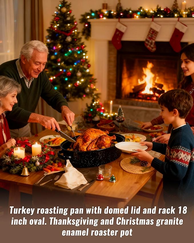Roasting Pan with Lid & Rack 18 Inch Extra Large Deep Oven Baking Pot, Enamel Granite NonStick Oval Carbon Steel Potato Roaster Pot for Turkey Chicken Ham Steak NonToxic Perfect for Christmas Gift