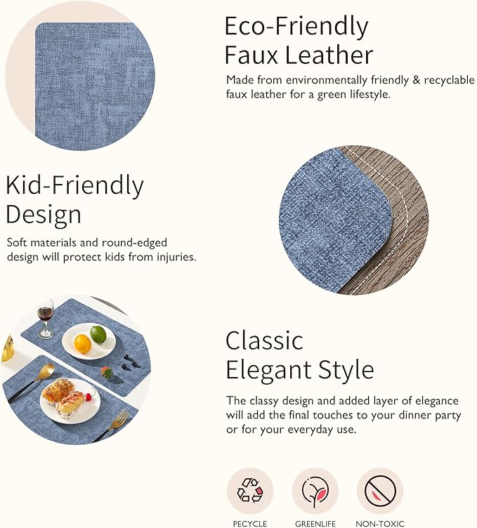 Maxpearl Faux Leather Placemats Set of 4, Waterproof - Wipe Clean - Heat Resistant - Anti Slip Dining Table Place Mats, Suitable for Indoor & Outdoor Use, 17?쇺쇒?2?쇺? Blue