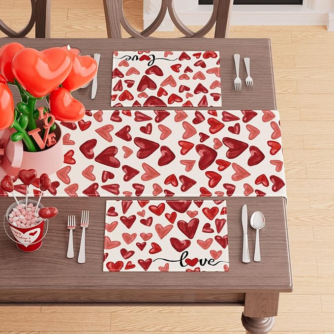 XCHI Watercolor Red Love Hearts Valentine?셲 Day Placemats Set of 8 Table Mats for Party Home Kitchen Dining Table Decorations 12x18 Inch