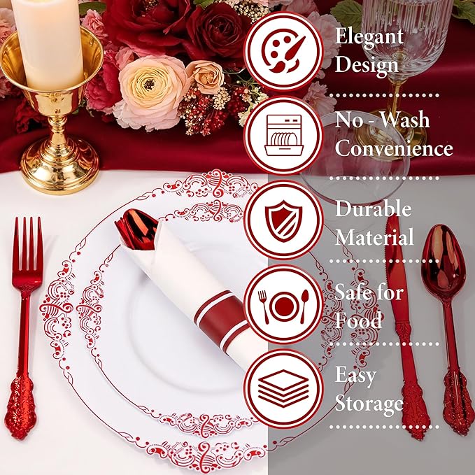 Nervure 350PCS Red Plastic Plates - White Red Plastic Dinnerware Set for 50 Guests - 100 Red Disposable Plates, 50 Pre Rolled Cutlery Set, 50 Cups Perfect for Wedding, Party