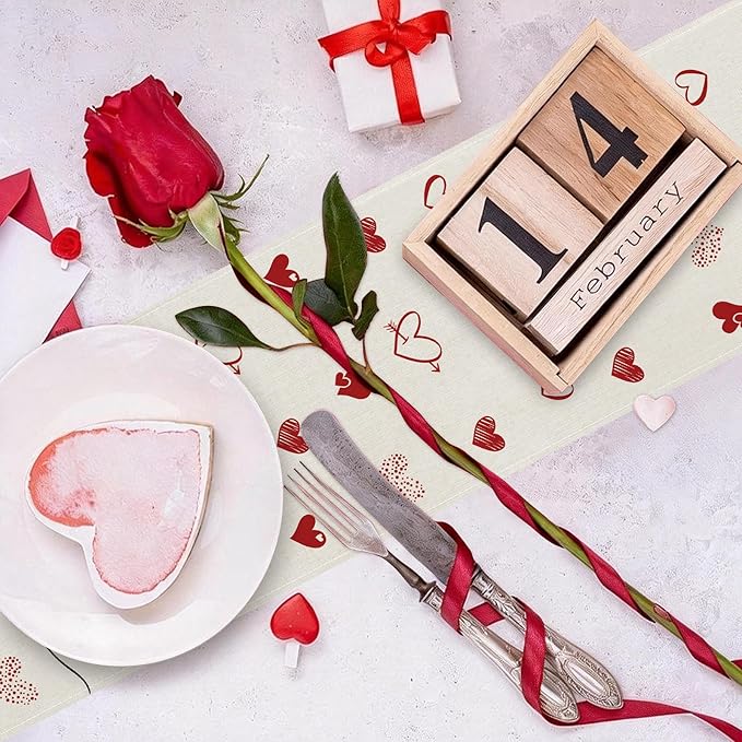 Valentines Day Table Runner 13x120 Inch, Love Hearts Valentine Table Runner, Anniversary Home Kitchen Dining Table Holiday Party Decorations (White)