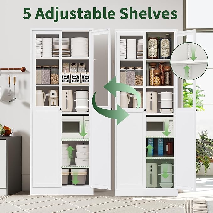 72" Tall Kitchen Pantry Cabinet,White Metal Pantry Cabinet with 2 Doors & 5 Adjustable Shelves,Utility Storage Cabinet Rust-Resistant for Living Room,Dining Room,Bathroom,Garage,Basement