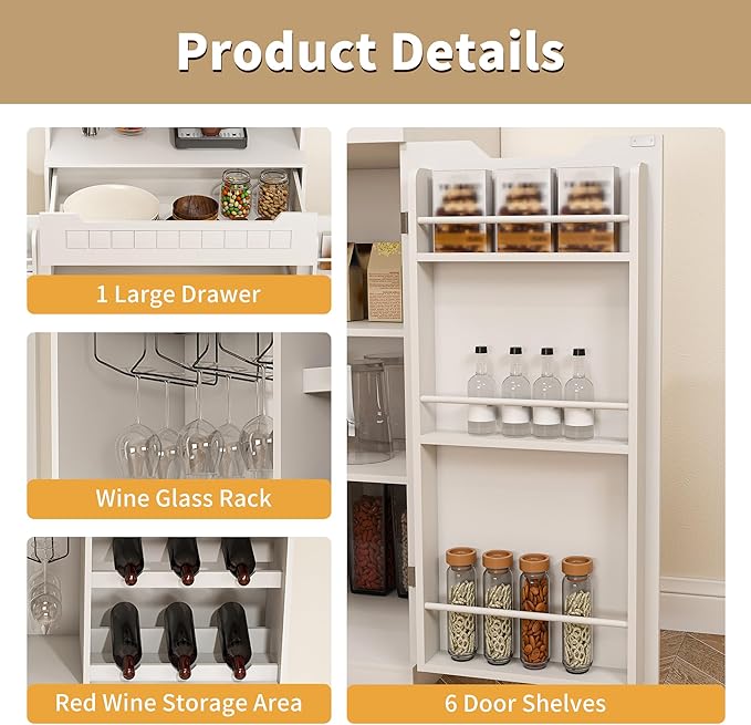 70" Tall Kitchen Pantry Cabinet with Charging Station & Drawer,Farmhouse Modern Wood Small Storage Cabinets w/Wide Tabletop,Wine Rack & 6 Door Shelves,for Small Kitchen,Living & Dining Room,White