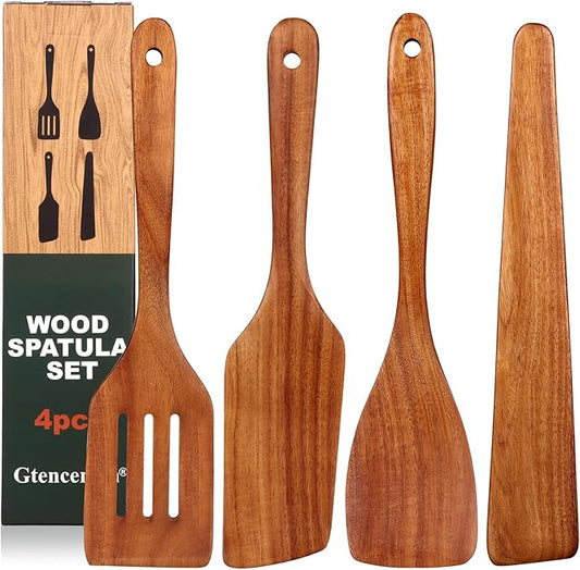 Non Toxic Wooden Spatula for Cooking Best Teak Wood Spatulas for Kitchen Use Wooden Cooking Utensils Set of 4 Including Paddle, Turner, Slotted Spurtle and Wood Scraper Nonstick Cookware