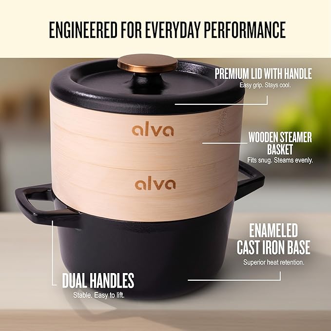Alva Nori 2.5-Qt Enameled Cast Iron Dutch Oven Steamer Set ??Made With No PTFE/PFOA/PFAS, Oven & Induction Safe ??3-Layer Enamel, No Seasoning Needed ??Durable, Easy-Clean Cocotte with 2 Steamer Inserts