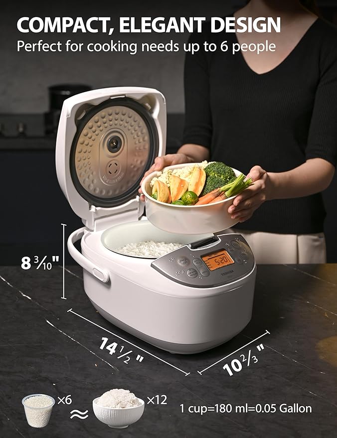 Toshiba Rice Cooker 6 Cup Uncooked ??Japanese Rice Cooker with Fuzzy Logic Technology, 7 Cooking Functions, Digital Display, 2 Delay Timers and Auto Keep Warm, Non-Stick Inner Pot, White