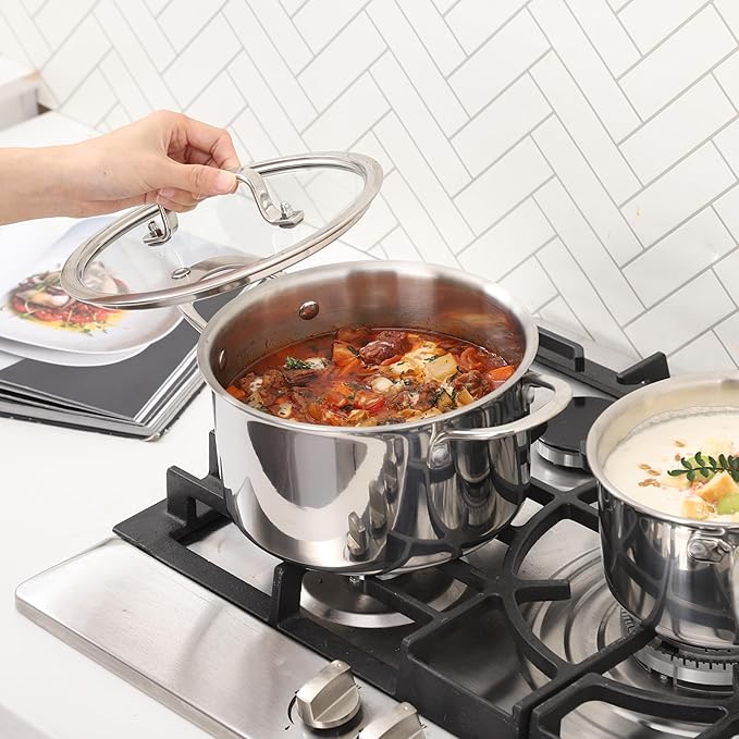 Cooking pots including glass lids, frying pan, set of 3 pots/pan, 횠16cm, 횠20cm, 횠26cm, dishwasher-safe, pots for induction, fully lined 3-ply stainless steel