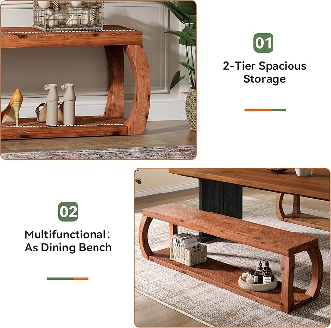 TRIBEWOOD 2-Tier Solid Wood Entryway Bench, 59" Long Farmhouse End of Bed Bench with Open Shelves, Rustic Shoe Storage Wooden Seating for Entry, Kitchen, Living Room, Bedroom, Hallway (Rustic Brown)