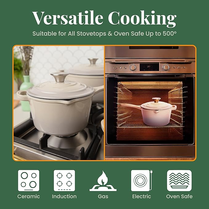 Larder & Vine Enameled Cast Iron Saucepan | 2.2 qt Sauce Pan with Lid | Saucepan with Pour Spouts | Enameled Cast Iron Pot Compatible on All Cooktops & Oven Safe to 500째 F | Stone