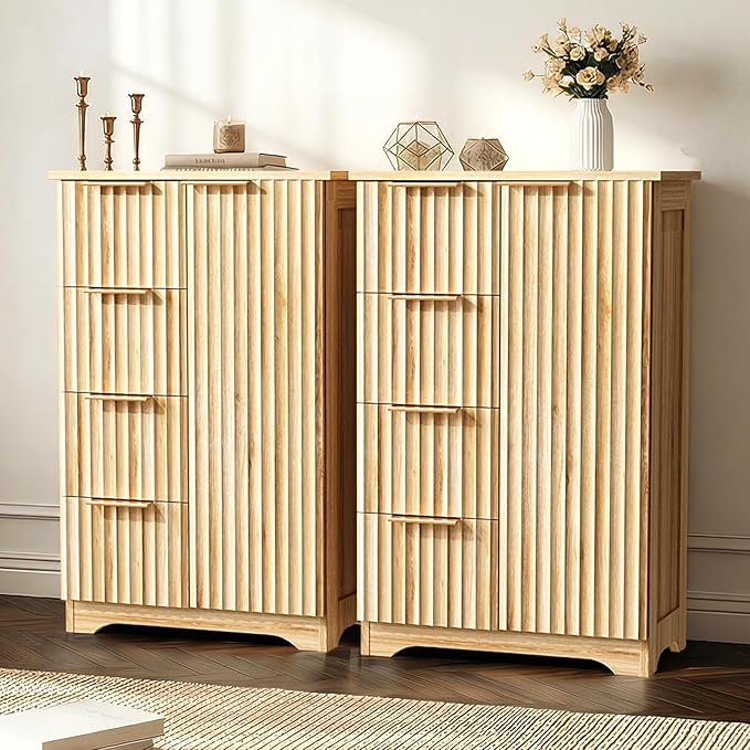 VINGLI Fluted Sideboard Buffet Cabinet, Modern Wood Storage Console with Doors and Drawers, Multi-Function Storage Cabinet for Living Room, Dining Room, Kitchen,Oak