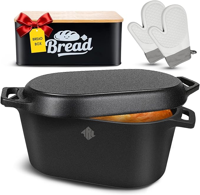 ARC Dutch Oven for Bread Baking, 3.6QT Oval Cast Iron Bread Loaf Pan with Lid, Bread oven for Sourdough, Sourdough Starter Kit Includes Bread Box & Heat-Resistant Oven Mitts