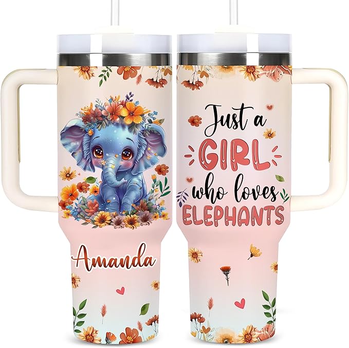 AGGLOMEKC Personalized Cute Elephant Cup - Mother's Day Birthday Gift For Animal Lovers - Just A Girl Who Loves Elephant Tumbler 40oz With Custom Name - Pet Lover Gifts For Women, Her