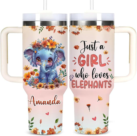 AGGLOMEKC Personalized Cute Elephant Cup - Mother's Day Birthday Gift For Animal Lovers - Just A Girl Who Loves Elephant Tumbler 40oz With Custom Name - Pet Lover Gifts For Women, Her