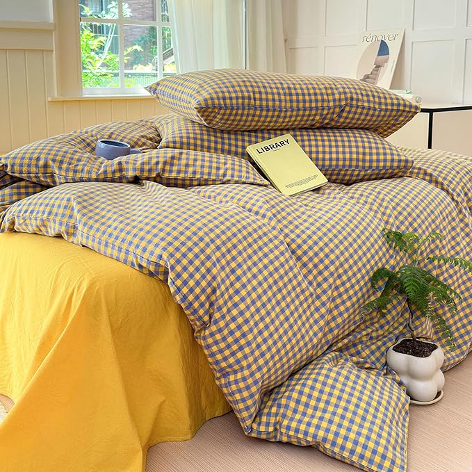 LifeTB Gingham Comforter Set King Modern Style Checkered Plaid Printed Bedding Comforter Set 3 Pieces Boho Grid Comforter King Fluffy Soft Purple Yellow Gingham Bedding Comforter with 2 Pillowcases