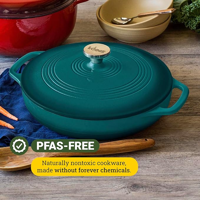 Lodge 3.6 Quart Enameled Cast Iron Covered Casserole with Lid ??Dual Handles ??Oven Safe up to 500째 F or on Stovetop - Use to Marinate, Cook, Bake, Refrigerate and Serve ??Lagoon