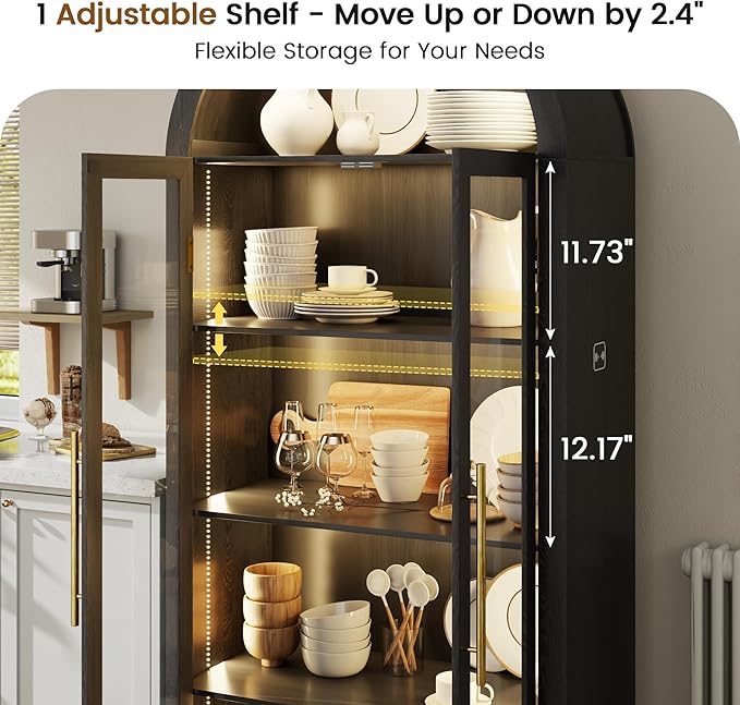 Vlsrka 71" Arched Storage Cabinet with Doors, Display Cabinet with LED Light & Human Sensor, 5-Tier Display Cases for Collectibles, Curio Cabinet with Ajustable Shelf for Living Room(Black)