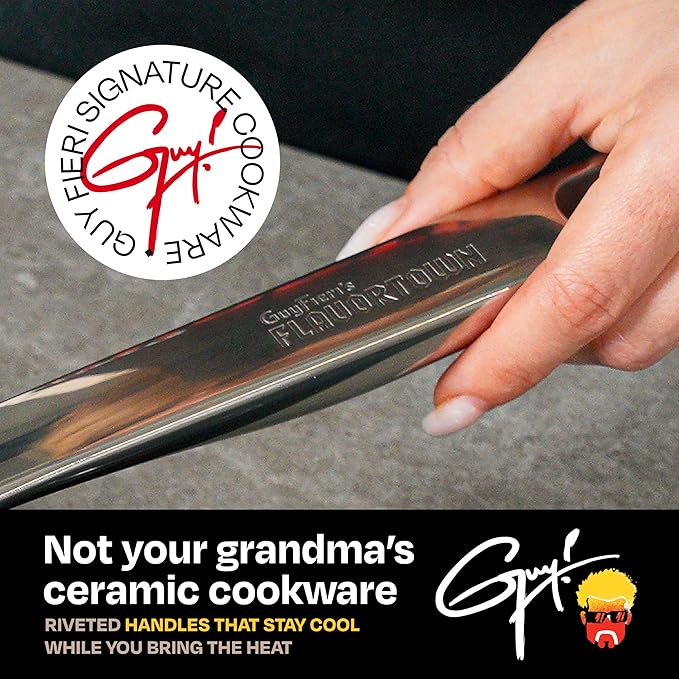 Guy Fieri's Flavortown 6-Piece Ceramic Cookware Set, 8" & 10.2" Frypans, 2QT Saucepan, 3.2QT Saut챕pan Nonstick, Made without PFAS PTFE PFOA, Oven & Dishwasher Safe, Easy to Clean, Red