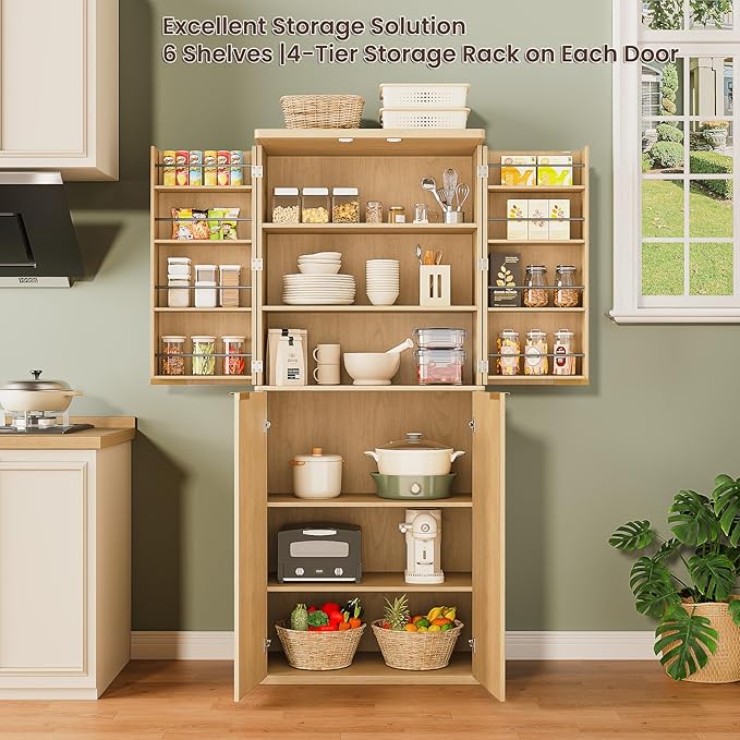 KEIKI 72" Tall Kitchen Pantry Wood Storage Cabinet with 6 Door Shelves Organizer Modern Fluted Cupboard for Kitchen Dining