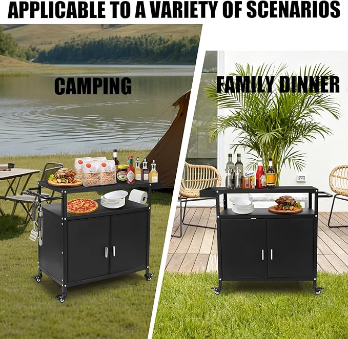 Kqoya Grill Cart with Storage, Outdoor Bar Cart Rolling BBQ Cart Movable Pizza Oven Table Stand with Foldable Stainless Steel Top & Storage Cabinet, Black（34.6 x 17.7 x 34.6 Inch）