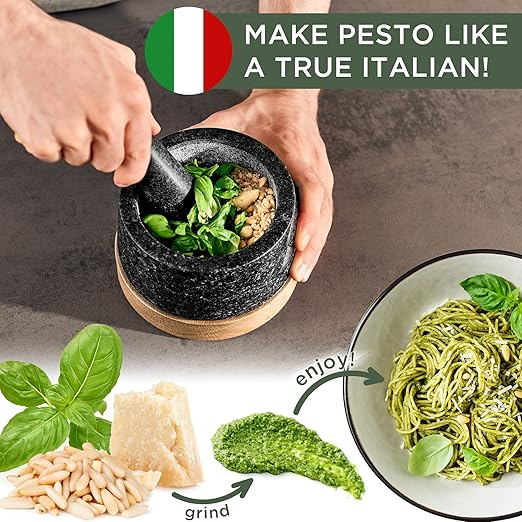 WALDWERK Mortar and Pestle - Mortar and Pestle Set with Anti-Scratch Oak Wood Base - Mortar with Extra Large Pestle Made of Natural Granite - Large Mortar and Pestle - Ideal for Guacamole