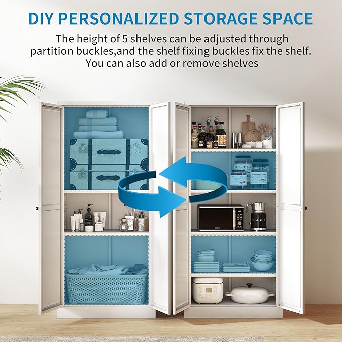 72" H White Steel Pantry Storage Cabinet with 5 Adjustable Shelves, 6-Tier Tall Metal Cabinets for Kitchen, Living Room, Garage, Heavy Duty Freestanding Utility Cabinet, Assembly Require