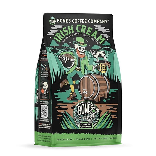 Bones Coffee Company Irish Cream, Creamy Liqueur Flavored Coffee, Medium Roast Low Acid Arabica Beans Compatible with Auto drip and French Press Coffee Maker, 12 Oz Whole Bean