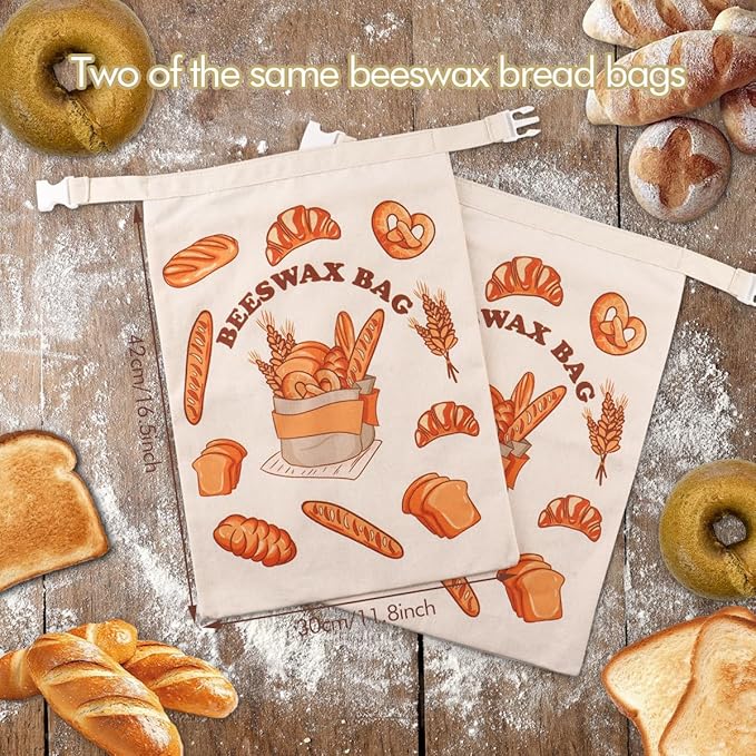 2 Pack Reusable Bread Bags for Homemade Breads,Linen Beeswax Bag for Food, Sourdough Bread Baking Supplies, Sourdough Beeswax Wrap for Fresh Storage, Storage Bags