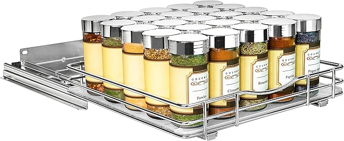 LYNK PROFESSIONAL짰 Pull Out Spice Rack Organizer for Inside Kitchen Cabinets - 10-3/8 inch Wide - Slide Out Drawer ??Chrome Sliding Spice Cabinet Organization Shelf Racks - 1 Tier