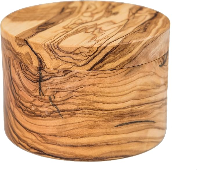 Lipper International Olive Wood Salt or Spice Box with Swivel Cover, 3 5/8" Diameter x 2 1/2" Tall