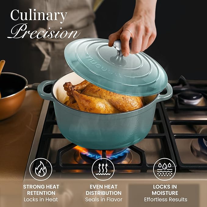 Nuovva Enamelled Cast Iron Dutch Oven Pot with Lid 6.4 Quart Non Stick Casserole Pot ??Heavy Duty & Oven Safe up to 500째 F for Bread Baking, Braising, Stews, Roasting ??28cm Sea Salt