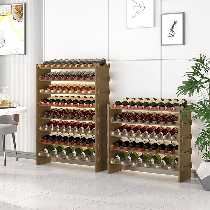 Wine Rack Freestanding Floor Bamboo Stackable Wine Storage Racks Wall Mounted, Modular Wine Bottle Stand Holder Display Shelf for Cabinet, Kitchen, Bar (Walnut)