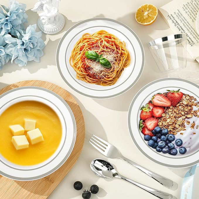 BESTVIP 50 Pack Plastic Bowls with Silver Rim, 12 oz Disposable Soup Bowls, Heavy-duty Dessert Salad Bowl for Party, Wedding, Christmas, Catering and Dinner