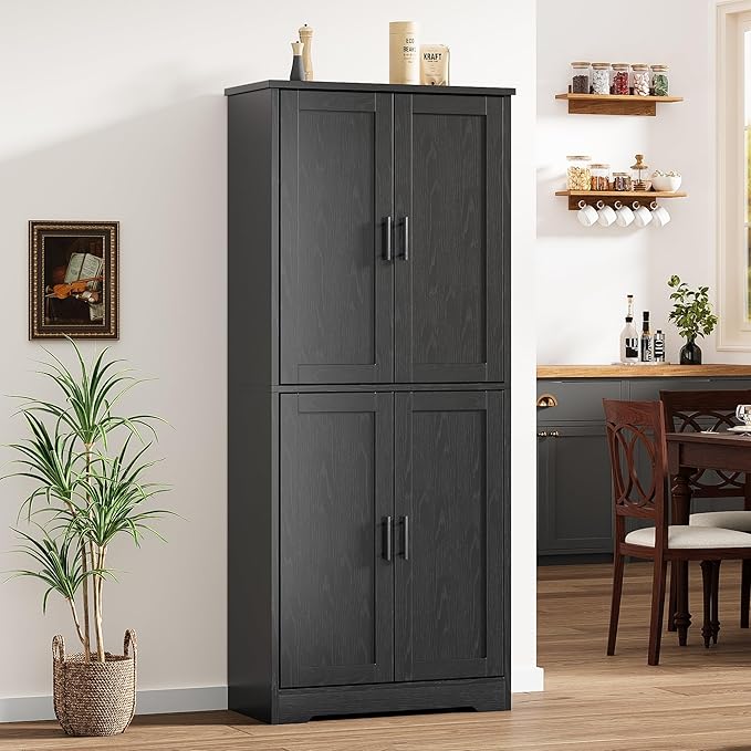 IDEALHOUSE Pantry Cabinet,70" Tall Kitchen Pantry Cabinet with 4 Doors and 3 Adjustable Shelves, Freestanding Cupboard, Modern Storage Cabinet for Bathroom, Dining Room, Living Room, Black
