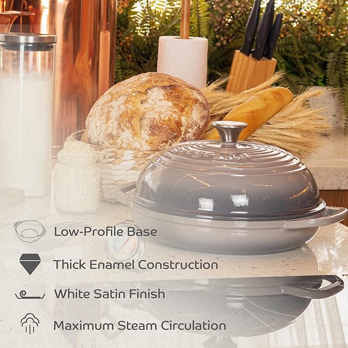 Enameled Cast Iron Bread Pan with Lid, 11??Grigio Scuro (Gray) Bread Oven Cast Iron Sourdough Baking Pan, Dutch Oven for Bread - Segretto Cookware