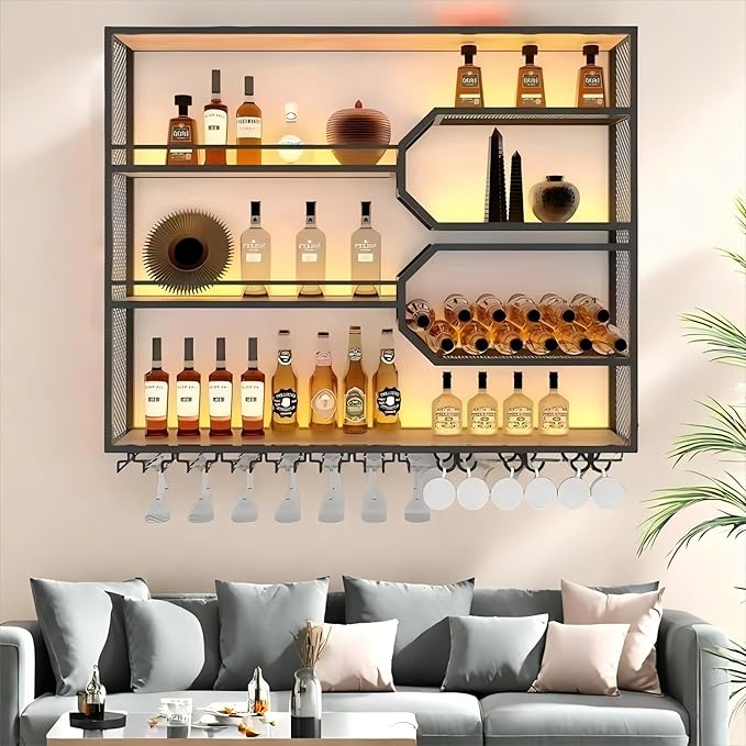 4-Tier Wine Rack Wall-Mounted & 39Inch Large Bar Shelf for Liquor Bottles, Black Metal Storage for Wine and Liquor Bottles in Home Bars or Dining Rooms (No Lighting, Left)