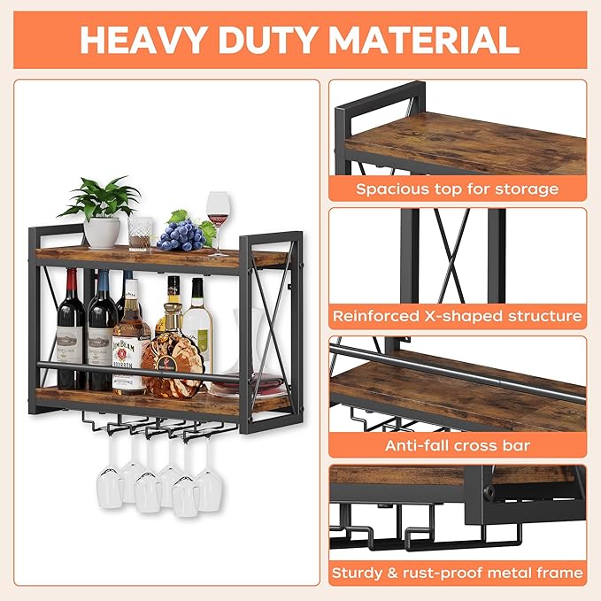 Homeiju Wall Mounted Wine Rack, Bottle & Glass Holder Wood-Metal Retro Wine Rack, Wine Bottles Display Wall Storage for Kitchen Dining Room Home Bar