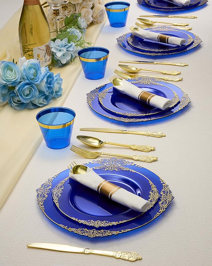 Goodluck 350 Piece Clear Blue Plastic Dinnerware Set for 50 Guests, Fancy Disposable Plates, Include: 100 Blue Rim Plastic Plates, 150 Silverwares, 50 Pre Rolled Napkins, 50 Cups for Party, Wedding