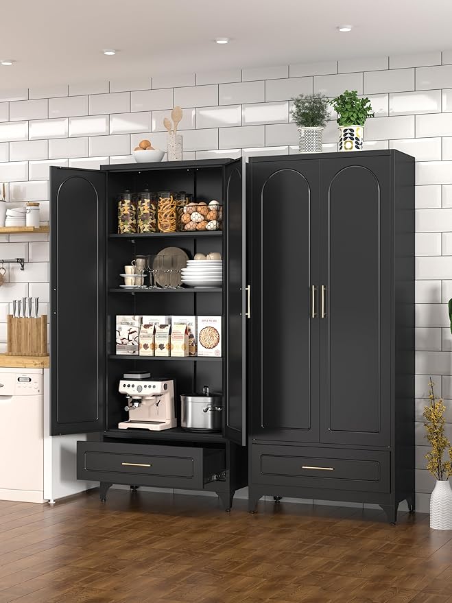 Black Pantry Kitchen Cabinet with Drawer, 75 Inch Metal Storage Cabinet with Doors and Shelves, Steel Food Pantries, Large Freestanding Cupboard for Living&Dining Room-Assemble Required