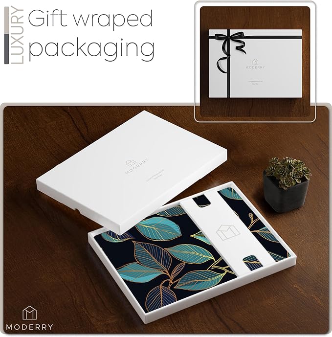 Moderry Set of 4 Heat Resistant Cork Placemats for Dining Table with Free Set of 4 Matching Drink Coasters Sage Green Marble Design 16 x 12 Inches Cork Backed Hard Placemats (Blue Gold Botanical)