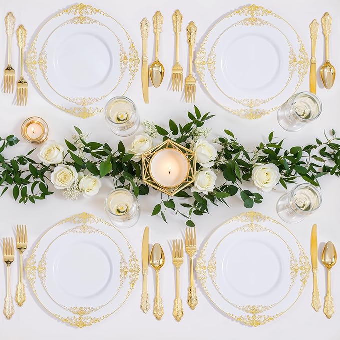 Nervure 350PCS Gold Plastic Dinnerware - White and Gold Disposable Plates for 50 Guests - 100 White Disposable Plates, 150 Plastic Silverware, 50 Cups, 50 Napkins for Wedding & Party