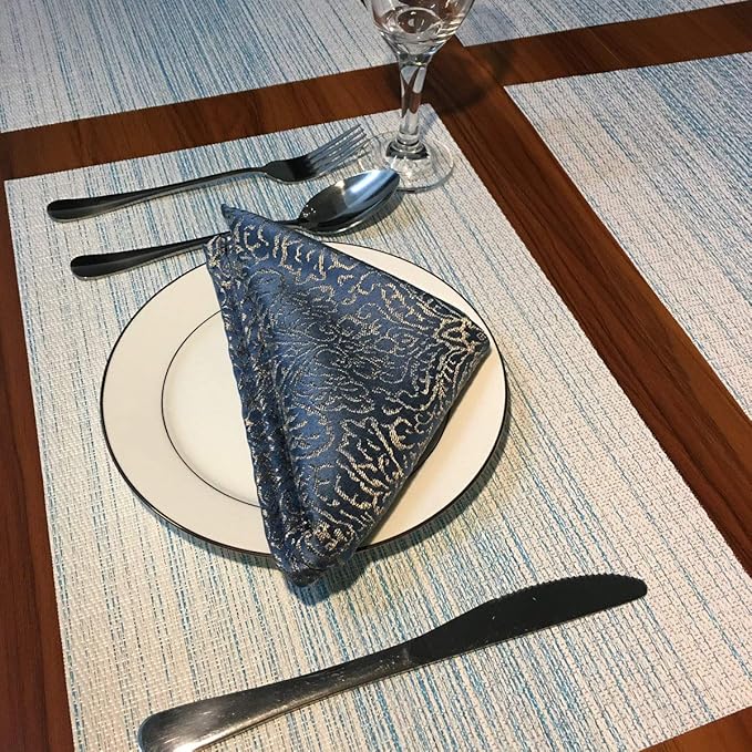 Placemat,Blending Color Durable Woven Vinyl Placemat Washable Heat-Resistant Anti-Skid Kitchen Dining Table Mats (Set of 6, Blue with White)