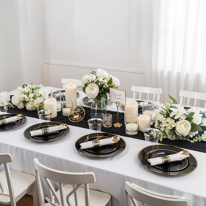 SUT 175 Pcs Black and Gold Plastic Dinnerware Set for 25 Guests, Include: 25 Dinner Plates, 25 Dessert Plates, 25 Pre Rolled Napkins With Silverware, 25 Cups, Disposable Plates for Party