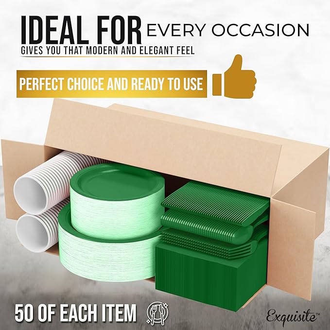 Exquisite 350 Pcs Emerald Paper Plates For Party, Emerald Disposable Plates Set, 50 Of Each 9" Dinner Plate Set, 7" Dessert Plate, Cups, Napkins & Cutlery Paper Dinnerware