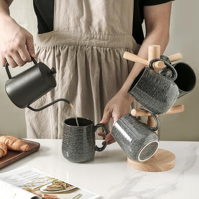 HASENSE Ceramic Coffee Mugs - 15 OZ Large Coffee Cups Set of 6 with Handle for Hot Beverages, Porcelain Latte Mugs for Tea, Milk, Cocoa, Cappuccino and Mocha, Microwave and Dishwasher Safe, Grey