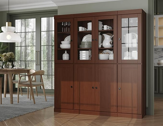 Palace Imports 100% Solid Wood Kitchen China Pantry Cabinet, 65" W - 4 Clear Glass & 4 Shaker Doors, Renewable Eco-Friendly Wood, Made in Brazil (Mocha, 8 China/Shaker Doors | NO Drawers)