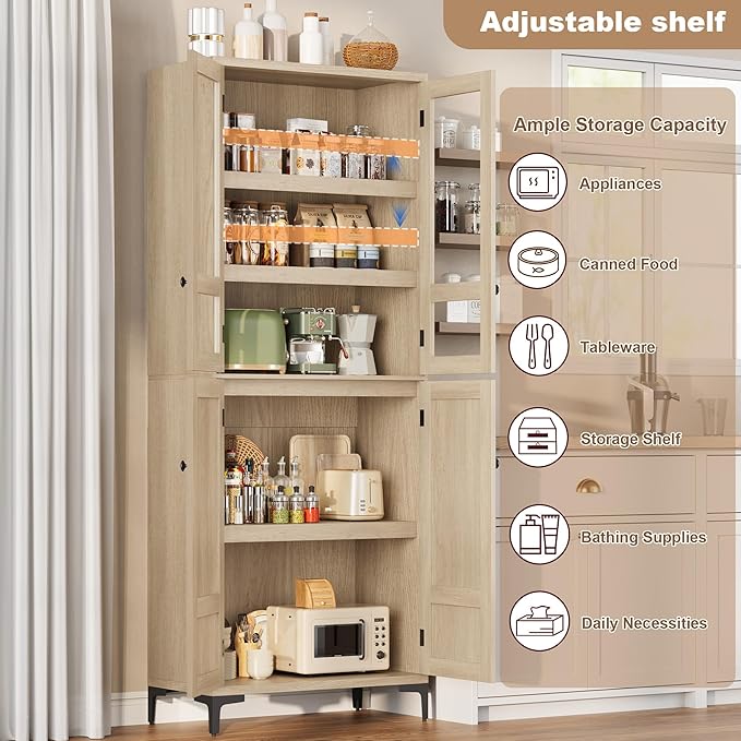 IDEALHOUSE Tall Storage Cabinet with Glass Doors, 71" Height, Adjustable Shelf, Light Oak Wood, Multi-Purpose Organizer for Kitchen Pantry and Bathroom (Natural Wood, 4 Doors with Glass)