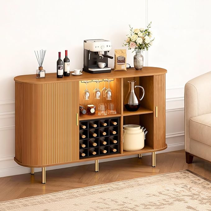 DHH 55" Wine Bar Cabinet with Storage, Fluted Liquor & Coffee Bar Cabinet with Wine Rack and Glass Holder, Buffet Sideboard with LED Lights for Home Kitchen Living Dining Room (Black) (Yellow Walnut)