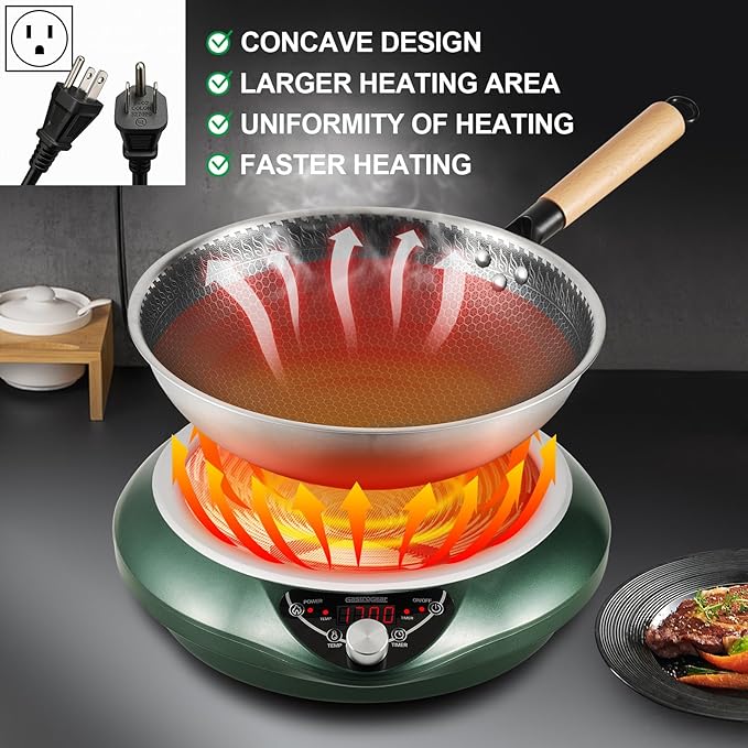 Induction Wok Pan Cooktop 1700W (85V~175V) 16 Levels Temperature & Power Control Induction Wok Burner with 18 Hours Timer, Auto-off, Fast & Even Heating Concave Electric Stove (Green)